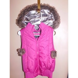 Rue 21 Fuchsia Quilted Puffer Vest Faux Fur Hooded Pom Pom Medium